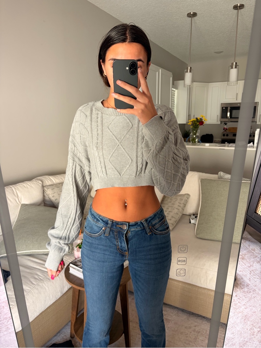 Edikted Light Gray Cable-Knit Cropped Crewneck Sweater